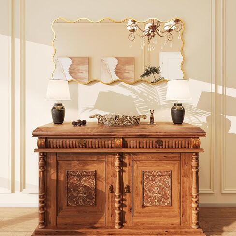 Kelly Miller 24x48 Inch Gold Scalloped Mirror, Large Rectangular Wavy Edge Bathroom Vanity Wall Mirror Decorative for Bedroom Living Room Entryway Fireplace Mantle in Saudi Arabia