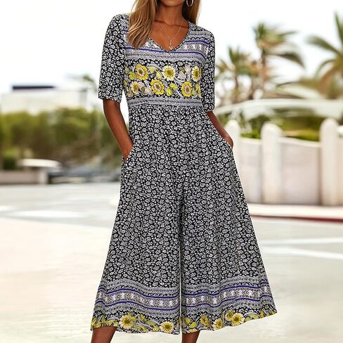 Women's V-Neck Short Sleeve Ethnic Style Print Jumpsuit -Waist-Tailored Wide-Leg Long Jumpsuit in Kuwait