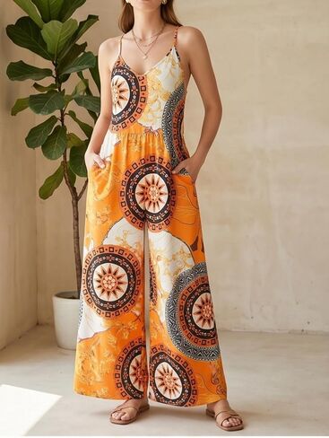 Women's Plus Size Wide Leg Jumpsuit Boho Print Spaghetti Strap Sleeveless Casual Summer Romper with Pockets in Kuwait