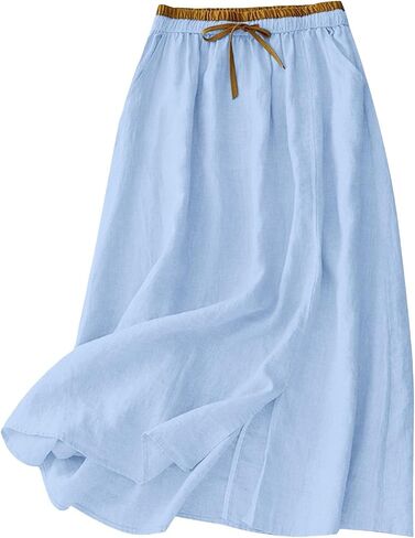 Linen Skirts for Women Cotton A-Line Flowy Midi Skirt with Contrast Drawstring Waist and Pockets Casual Summer Dress in Kuwait