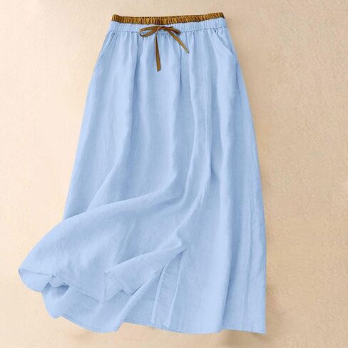 Linen Skirts for Women Cotton A-Line Flowy Midi Skirt with Contrast Drawstring Waist and Pockets Casual Summer Dress in Kuwait