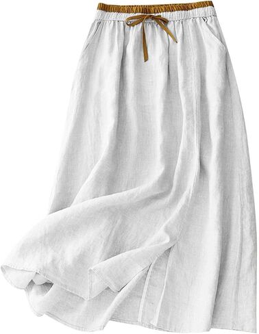 Linen Skirts for Women Cotton A-Line Flowy Midi Skirt with Contrast Drawstring Waist and Pockets Casual Summer Dress in Kuwait
