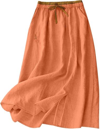 Linen Skirts for Women Cotton A-Line Flowy Midi Skirt with Contrast Drawstring Waist and Pockets Casual Summer Dress in Kuwait