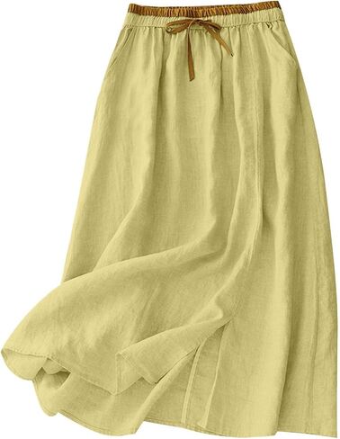 Linen Skirts for Women Cotton A-Line Flowy Midi Skirt with Contrast Drawstring Waist and Pockets Casual Summer Dress in Kuwait