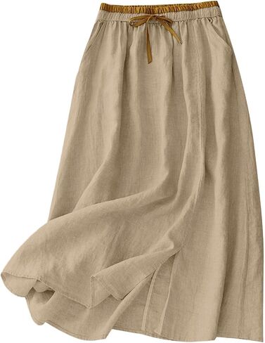 Linen Skirts for Women Cotton A-Line Flowy Midi Skirt with Contrast Drawstring Waist and Pockets Casual Summer Dress in Kuwait