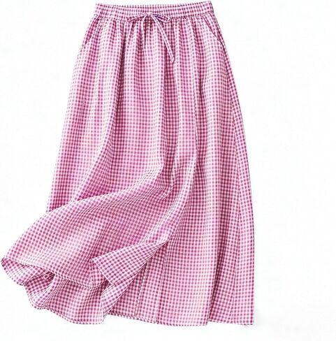 Linen Skirts for Women Cotton A-Line Flowy Midi Skirt with Contrast Drawstring Waist and Pockets Casual Summer Dress in Kuwait