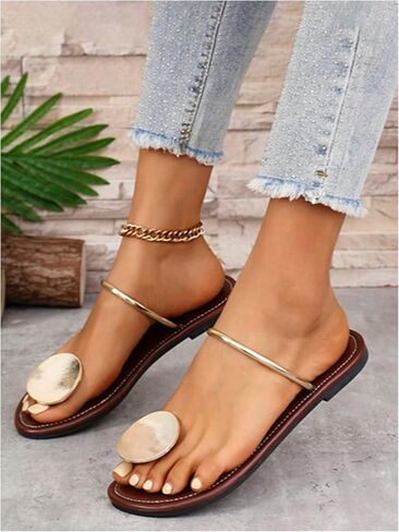 MakeMeChic Women's Leather Metal Thong Sandal Open Toe Flip Flops Slippers Summer Beach Vacation Flat Sandals in Kuwait