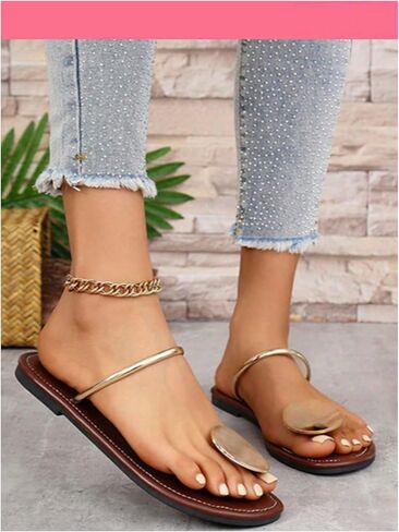 MakeMeChic Women's Leather Metal Thong Sandal Open Toe Flip Flops Slippers Summer Beach Vacation Flat Sandals in Kuwait