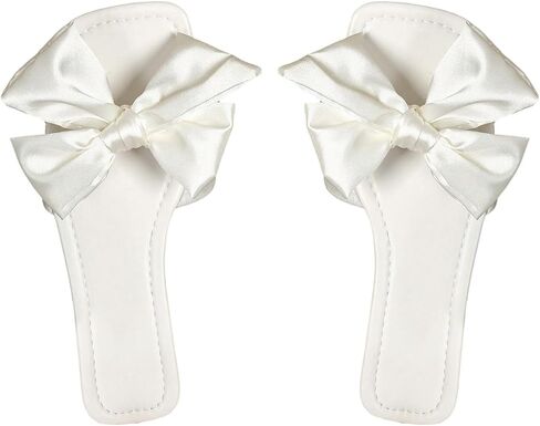 GORGLITTER Women's Bow Dress Flat Sandals Elegant Dressy Wedding Bridal Slip On Square Open Toe Leather Slide Sandals Trendy in Kuwait