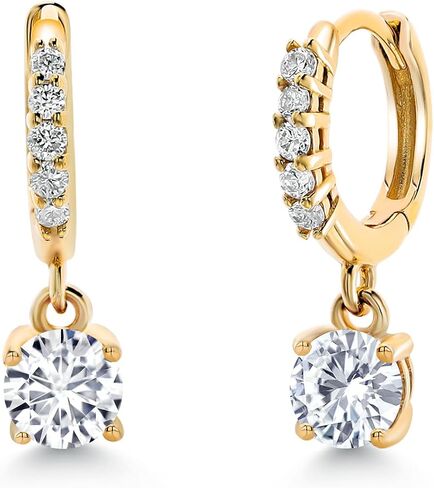 Gem Stone King 10K Yellow Gold White Lab Grown Diamond Dangle Drop Huggie Hoop Earrings For Women | 0.64 Cttw | Gemstone April Birthstone | DEF Color | VVS-VS Clarity | Round 4MM in Saudi Arabia