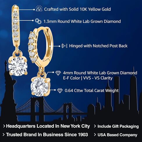 Gem Stone King 10K Yellow Gold White Lab Grown Diamond Dangle Drop Huggie Hoop Earrings For Women | 0.64 Cttw | Gemstone April Birthstone | DEF Color | VVS-VS Clarity | Round 4MM in Saudi Arabia