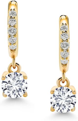 Gem Stone King 10K Yellow Gold White Lab Grown Diamond Dangle Drop Huggie Hoop Earrings For Women | 0.64 Cttw | Gemstone April Birthstone | DEF Color | VVS-VS Clarity | Round 4MM in Saudi Arabia