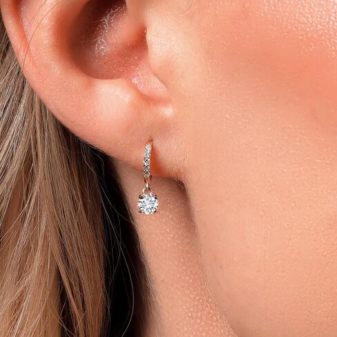 Gem Stone King 10K Yellow Gold White Lab Grown Diamond Dangle Drop Huggie Hoop Earrings For Women | 0.64 Cttw | Gemstone April Birthstone | DEF Color | VVS-VS Clarity | Round 4MM in Saudi Arabia