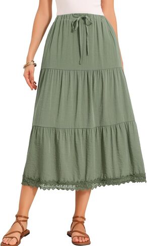 Allegra K Summer Maxi Skirt for Women's Tiered Elastic High Waist A-Line Casual Beach Long Skirts in Kuwait