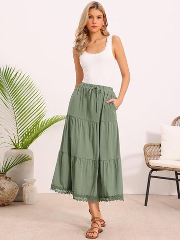 Allegra K Summer Maxi Skirt for Women's Tiered Elastic High Waist A-Line Casual Beach Long Skirts in Kuwait