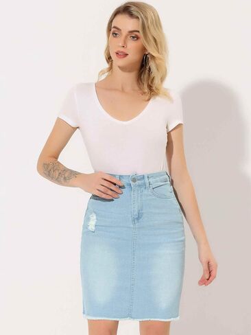 Allegra K Denim Skirt for Women's Casual Distressed Knee Length Jeans Skirts X-Large Light Blue in Kuwait