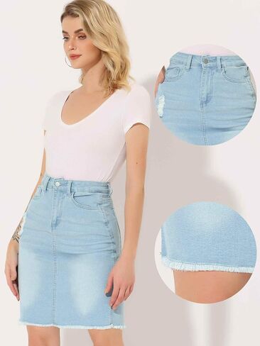 Allegra K Denim Skirt for Women's Casual Distressed Knee Length Jeans Skirts X-Large Light Blue in Kuwait