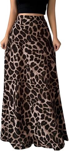 Women's Leopard Print Long Skirt High Waist Elastic Waist Flowy Maxi Skirt Casual Boho Animal Print Summer Beach Outfit Size M in Kuwait
