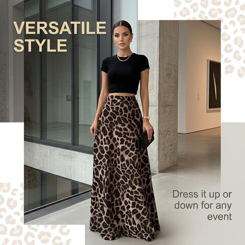 Women's Leopard Print Long Skirt High Waist Elastic Waist Flowy Maxi Skirt Casual Boho Animal Print Summer Beach Outfit Size M in Kuwait