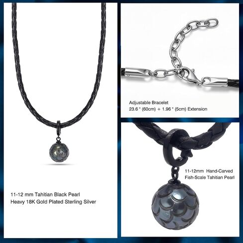 Men's Braided Genuine Leather Necklace - 11-12mm Hand-carved Seawater Tahitian Pearl Necklaces for Men, Chirtmas Anniversary Birthday Valentine's Day Gifts for Him Husband, Length 23.6"+1.96" in Saudi Arabia