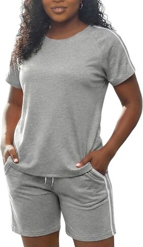 Women's Two-Piece Summer Outfits Round Neck Top Elastic Waist and Pocket Casual Tracksuit Sets Lounge Shorts Sets in Saudi Arabia