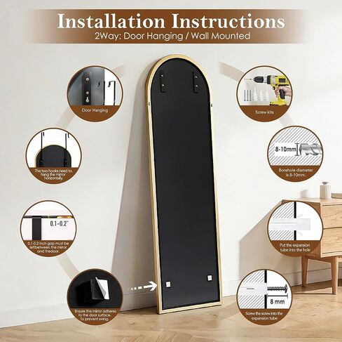 NARCISSUS 47x14 Mirror Door Hanging Full Length,Over Door or Wall Mounted Aluminum Alloy Frame Tempered Glass Arch Full Body Mirrors for Bedroom Dressing Living Room Bathroom 47 inch Gold in Saudi Arabia