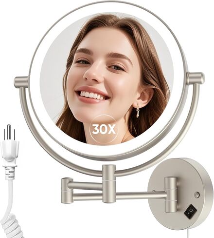 FUNTOUCH Wall Mounted Makeup Mirror with Lights,AC Plug in Powered Double Sided 1X/30X Magnifying,3 Color Lights,Touch Dimmable, Extended Arm 360 Rotation Lighted Bathroom Mirror with Magnification in Saudi Arabia