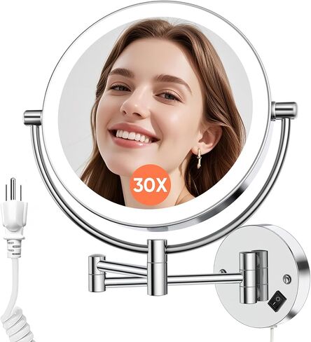 FUNTOUCH Wall Mounted Makeup Mirror with Lights,AC Plug in Powered Double Sided 1X/30X Magnifying,3 Color Lights,Touch Dimmable, Extended Arm 360 Rotation Lighted Bathroom Mirror with Magnification in Saudi Arabia