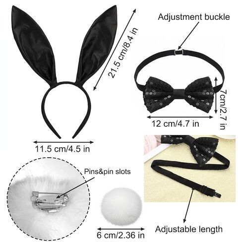 3 PCS Halloween Bunny Ears Headband Bow Ties Tail Set, Elastic Adjustable Rabbit Costume for accessories Cosplay Dress up Party Adult Supplies Black in Saudi Arabia