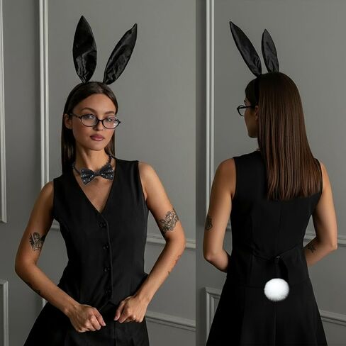 3 PCS Halloween Bunny Ears Headband Bow Ties Tail Set, Elastic Adjustable Rabbit Costume for accessories Cosplay Dress up Party Adult Supplies Black in Saudi Arabia
