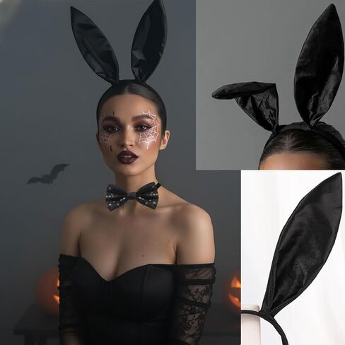 3 PCS Halloween Bunny Ears Headband Bow Ties Tail Set, Elastic Adjustable Rabbit Costume for accessories Cosplay Dress up Party Adult Supplies Black in Saudi Arabia