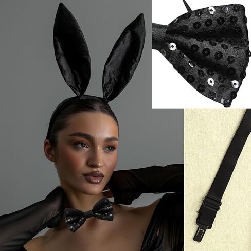 3 PCS Halloween Bunny Ears Headband Bow Ties Tail Set, Elastic Adjustable Rabbit Costume for accessories Cosplay Dress up Party Adult Supplies Black in Saudi Arabia