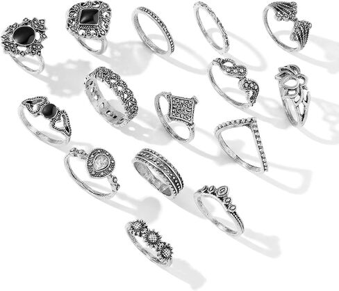 15 Pack Vintage Gothic Rings For Women, Silver Knuckle Bands, Y2k Aesthetic Jewelry Set, Boho Stackable Statement Accessories Gift in Saudi Arabia