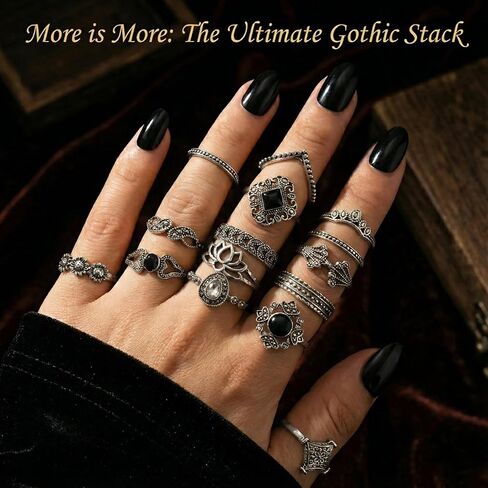 15 Pack Vintage Gothic Rings For Women, Silver Knuckle Bands, Y2k Aesthetic Jewelry Set, Boho Stackable Statement Accessories Gift in Saudi Arabia
