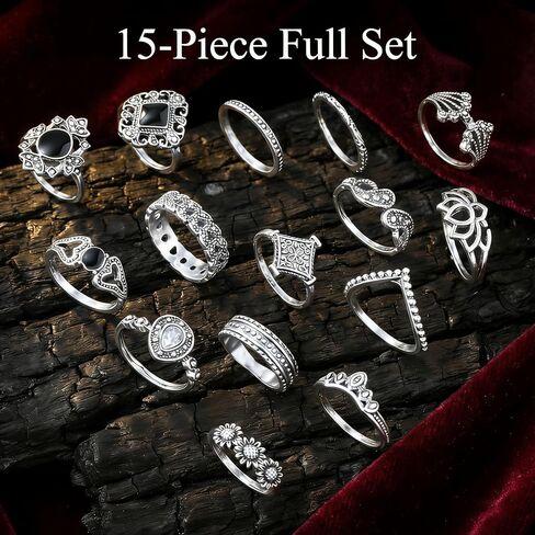 15 Pack Vintage Gothic Rings For Women, Silver Knuckle Bands, Y2k Aesthetic Jewelry Set, Boho Stackable Statement Accessories Gift in Saudi Arabia