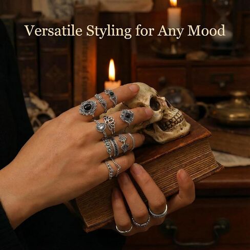 15 Pack Vintage Gothic Rings For Women, Silver Knuckle Bands, Y2k Aesthetic Jewelry Set, Boho Stackable Statement Accessories Gift in Saudi Arabia