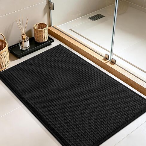ACCUMTEK Memory Foam Bath Mat, Ultra Soft Absorbent Waffle Bathroom Rugs, Super Non-Slip PVC Backing Bath Rug Quick Dry, Machine Washable Rug for Tub, Shower, Home Decor Accessory, 24" x 17", Black in Saudi Arabia