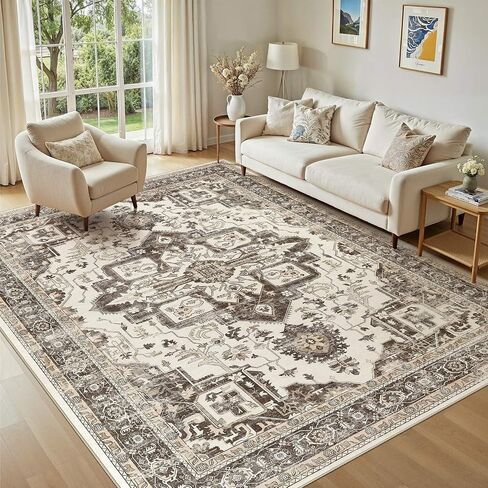 Washable 5x7 Area Rug for Living Room - Vintage Distressed Carpet with Non-Slip Backing, Soft Stain Resistant Low Pile Indoor Rug for Bedroom & Dining Room, Kid & Pet Friendly - Dark Brown in Saudi Arabia