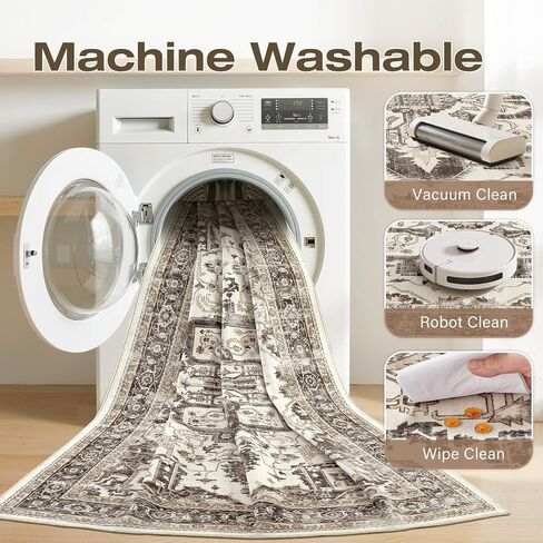Washable 5x7 Area Rug for Living Room - Vintage Distressed Carpet with Non-Slip Backing, Soft Stain Resistant Low Pile Indoor Rug for Bedroom & Dining Room, Kid & Pet Friendly - Dark Brown in Saudi Arabia