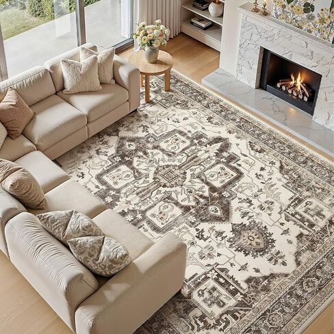 Washable 5x7 Area Rug for Living Room - Vintage Distressed Carpet with Non-Slip Backing, Soft Stain Resistant Low Pile Indoor Rug for Bedroom & Dining Room, Kid & Pet Friendly - Dark Brown in Saudi Arabia