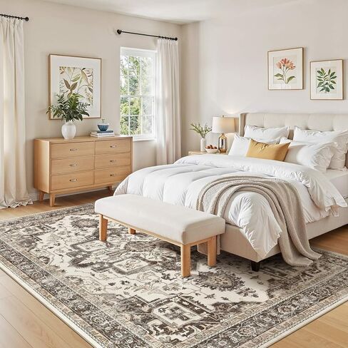 Washable 5x7 Area Rug for Living Room - Vintage Distressed Carpet with Non-Slip Backing, Soft Stain Resistant Low Pile Indoor Rug for Bedroom & Dining Room, Kid & Pet Friendly - Dark Brown in Saudi Arabia