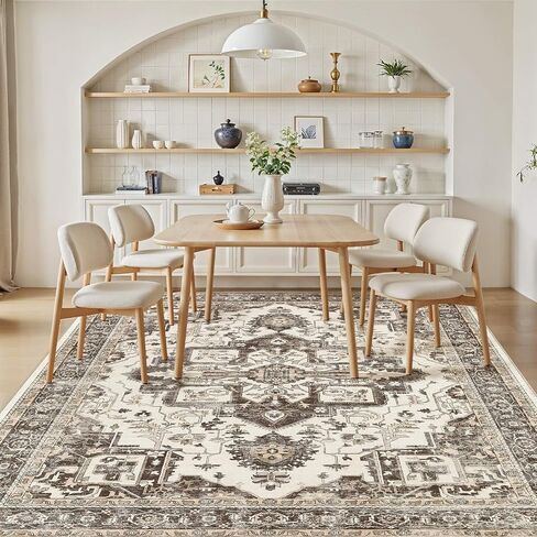 Washable 5x7 Area Rug for Living Room - Vintage Distressed Carpet with Non-Slip Backing, Soft Stain Resistant Low Pile Indoor Rug for Bedroom & Dining Room, Kid & Pet Friendly - Dark Brown in Saudi Arabia