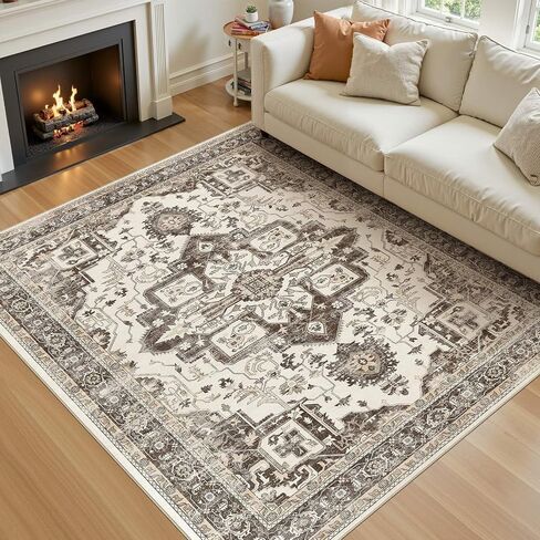 Washable 5x7 Area Rug for Living Room - Vintage Distressed Carpet with Non-Slip Backing, Soft Stain Resistant Low Pile Indoor Rug for Bedroom & Dining Room, Kid & Pet Friendly - Dark Brown in Saudi Arabia