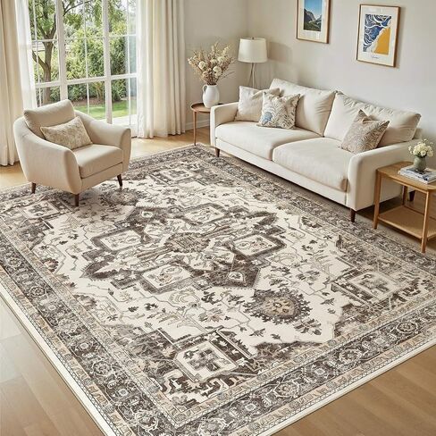 Washable 5x7 Area Rug for Living Room - Vintage Distressed Carpet with Non-Slip Backing, Soft Stain Resistant Low Pile Indoor Rug for Bedroom & Dining Room, Kid & Pet Friendly - Dark Brown in Saudi Arabia