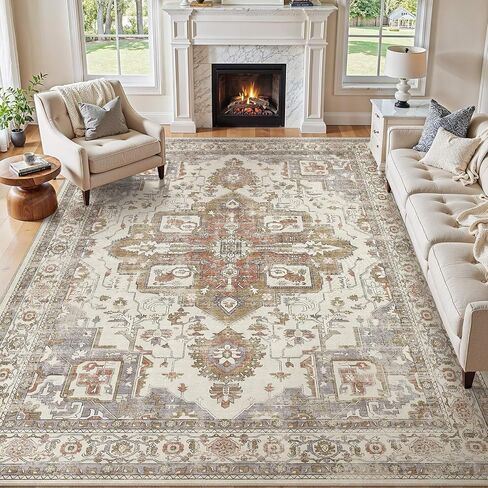 Washable 5x7 Area Rug for Living Room - Vintage Distressed Carpet with Non-Slip Backing, Soft Stain Resistant Low Pile Indoor Rug for Bedroom & Dining Room, Kid & Pet Friendly - Dark Brown in Saudi Arabia