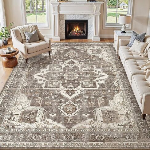 Washable 5x7 Area Rug for Living Room - Vintage Distressed Carpet with Non-Slip Backing, Soft Stain Resistant Low Pile Indoor Rug for Bedroom & Dining Room, Kid & Pet Friendly - Dark Brown in Saudi Arabia