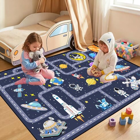 Outer Space Rug for Boys Room 2.5x4 Feet, Non-Slip Kids Rug with Roads and Tracks, Solar System Planet Play Mat, Galaxy Area Rugs for Bedroom, Playroom, Educational Floor Carpet in Saudi Arabia