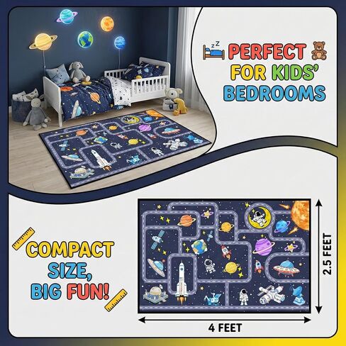 Outer Space Rug for Boys Room 2.5x4 Feet, Non-Slip Kids Rug with Roads and Tracks, Solar System Planet Play Mat, Galaxy Area Rugs for Bedroom, Playroom, Educational Floor Carpet in Saudi Arabia