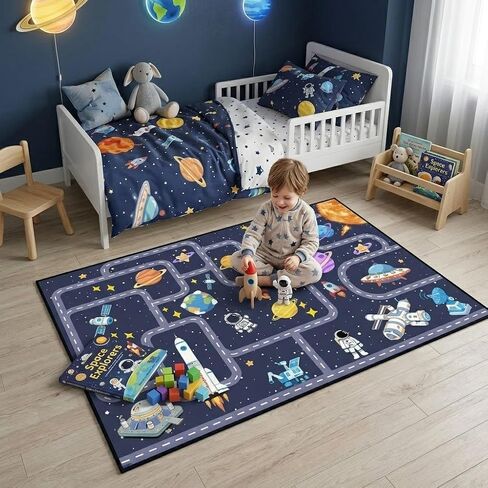 Outer Space Rug for Boys Room 2.5x4 Feet, Non-Slip Kids Rug with Roads and Tracks, Solar System Planet Play Mat, Galaxy Area Rugs for Bedroom, Playroom, Educational Floor Carpet in Saudi Arabia