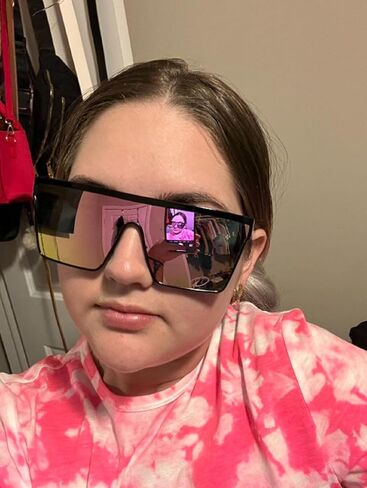 Oversized Shield Sunglasses for Women Men, Bold Black Frame with Pink Mirror Lenses, UV400 Protection Shades in Saudi Arabia